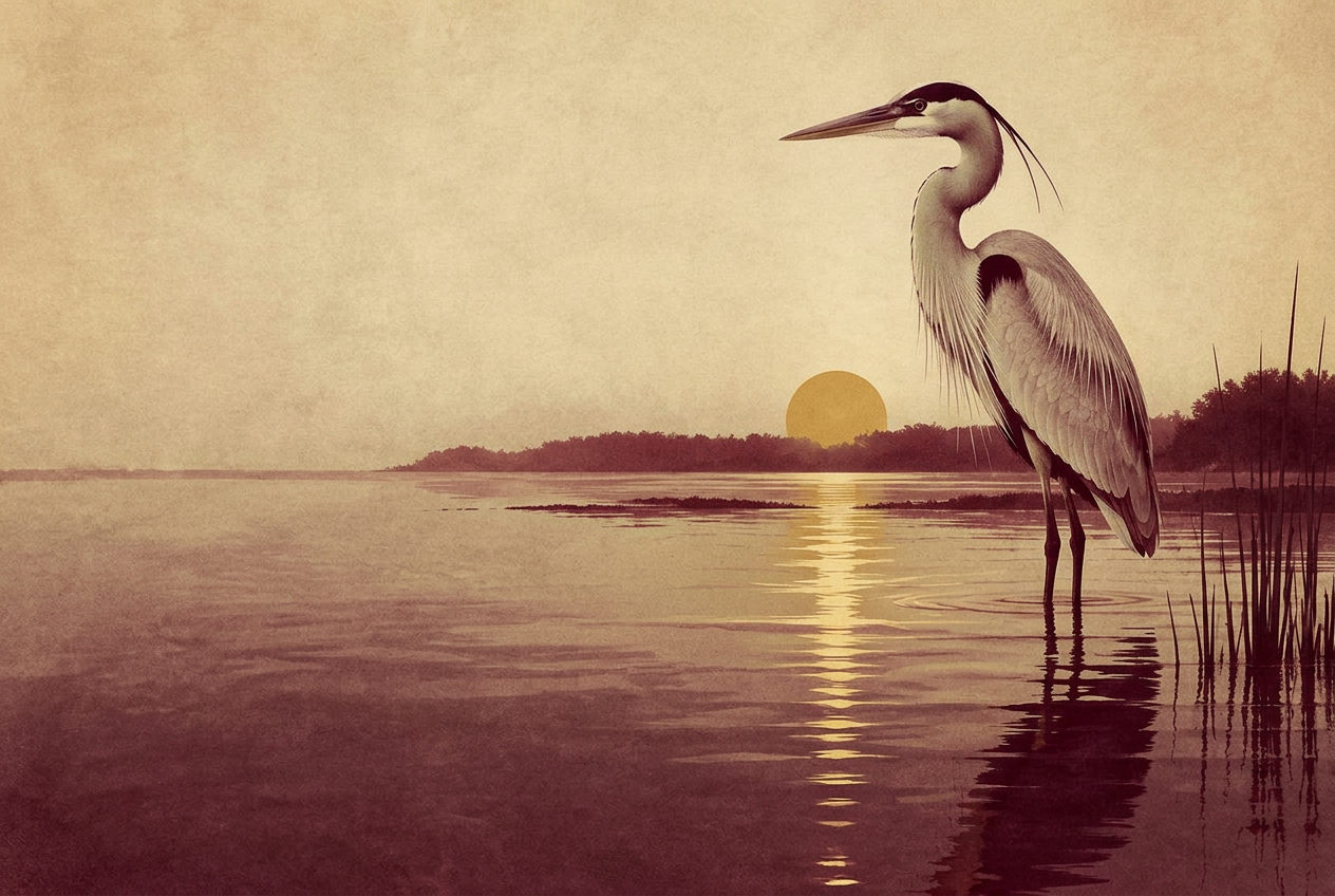 A heron standing in still water at sunrise